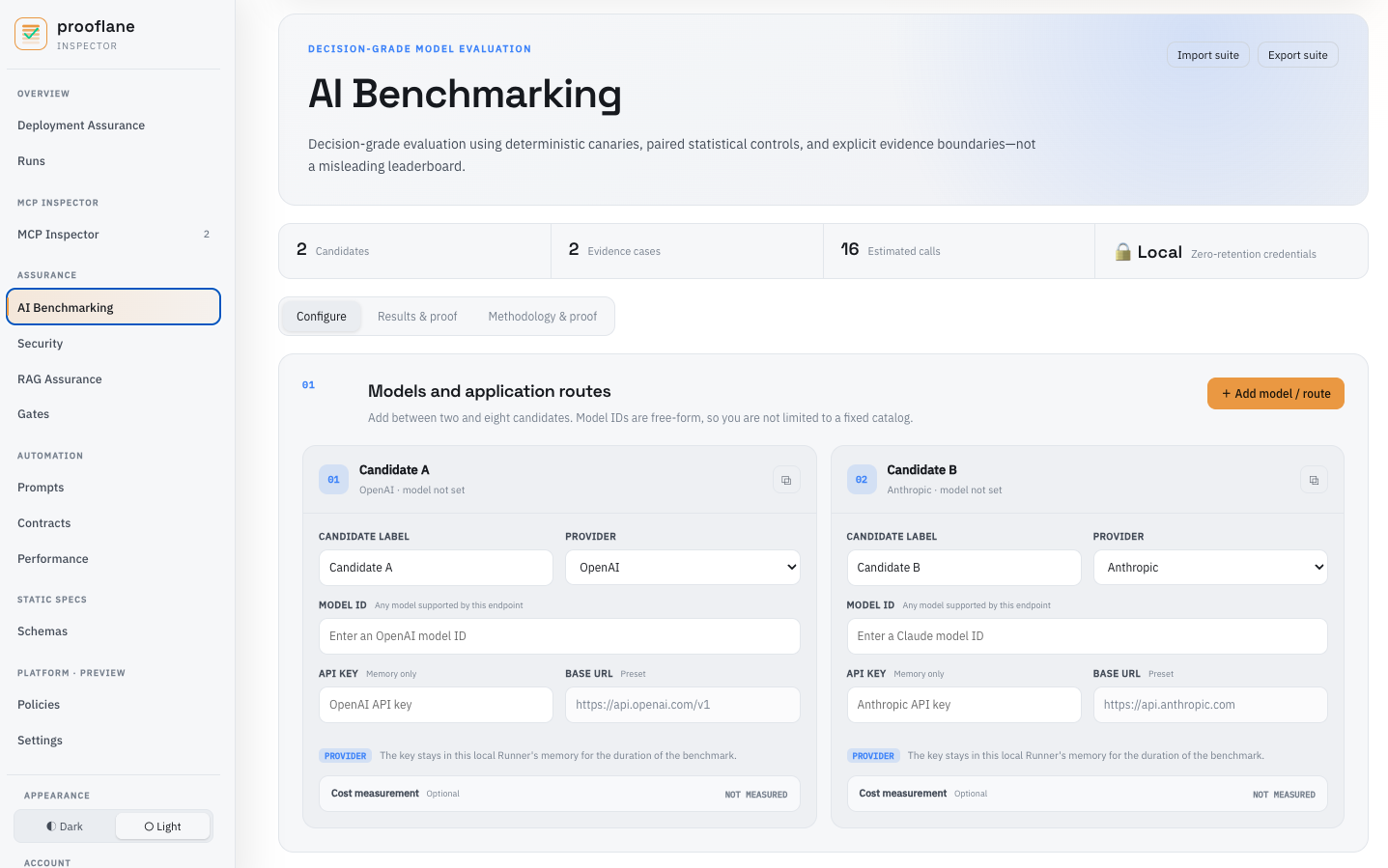 Prooflane AI Benchmarking candidate configuration interface